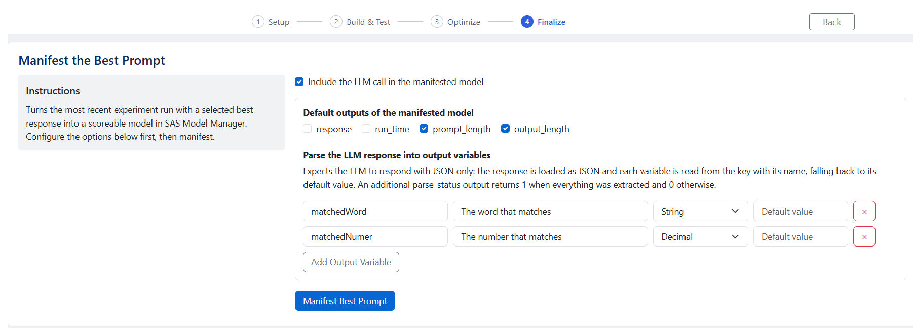 The manifest panel with the integrated-call and output-parsing options