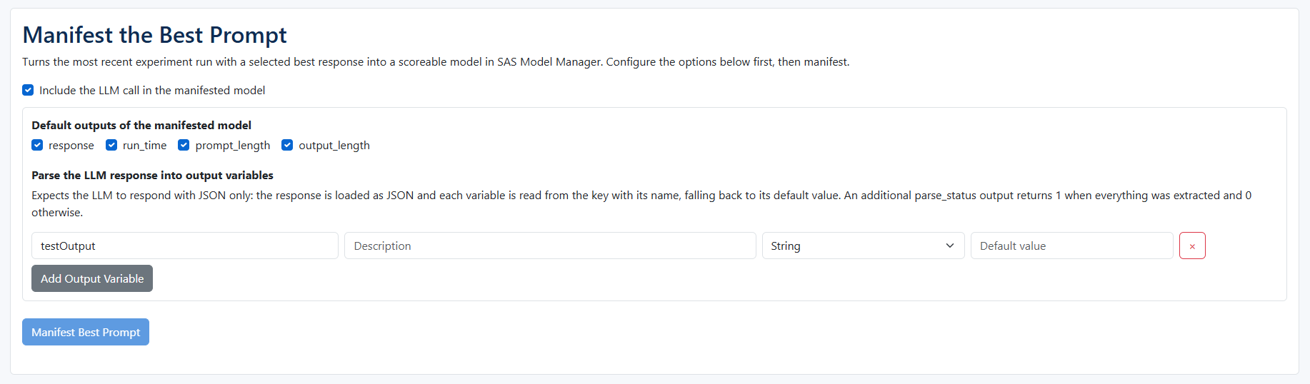The manifest panel with the integrated-call and output-parsing options