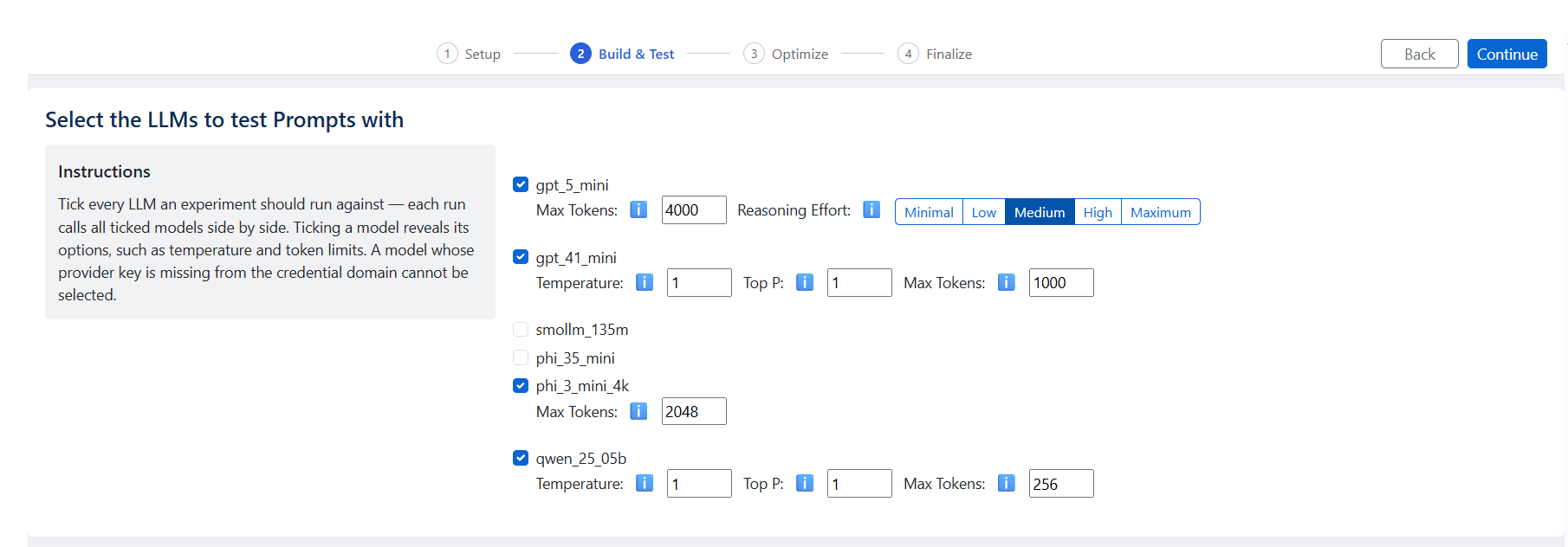 Selected LLMs on the Build &amp; Test step with their options expanded, including a segmented Reasoning Effort control