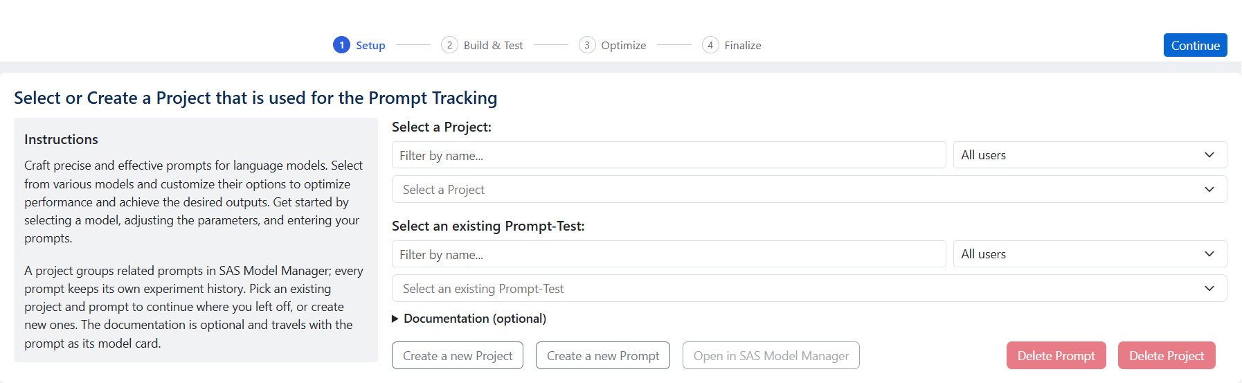 Project and prompt-test selection with the create and delete actions
