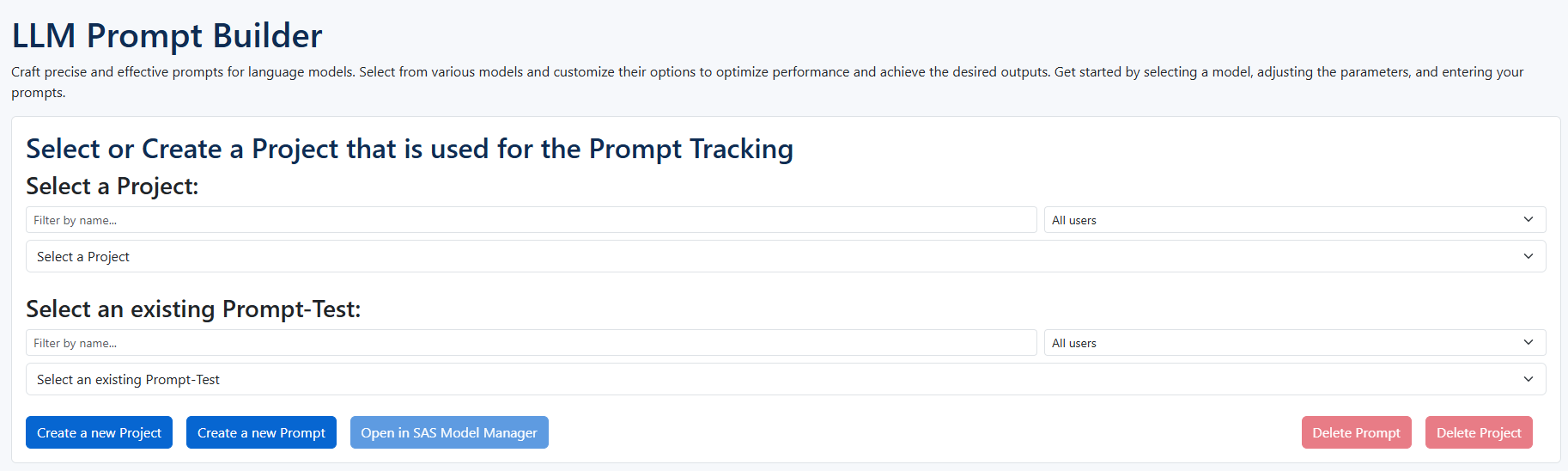 Project and prompt-test selection with the create and delete actions