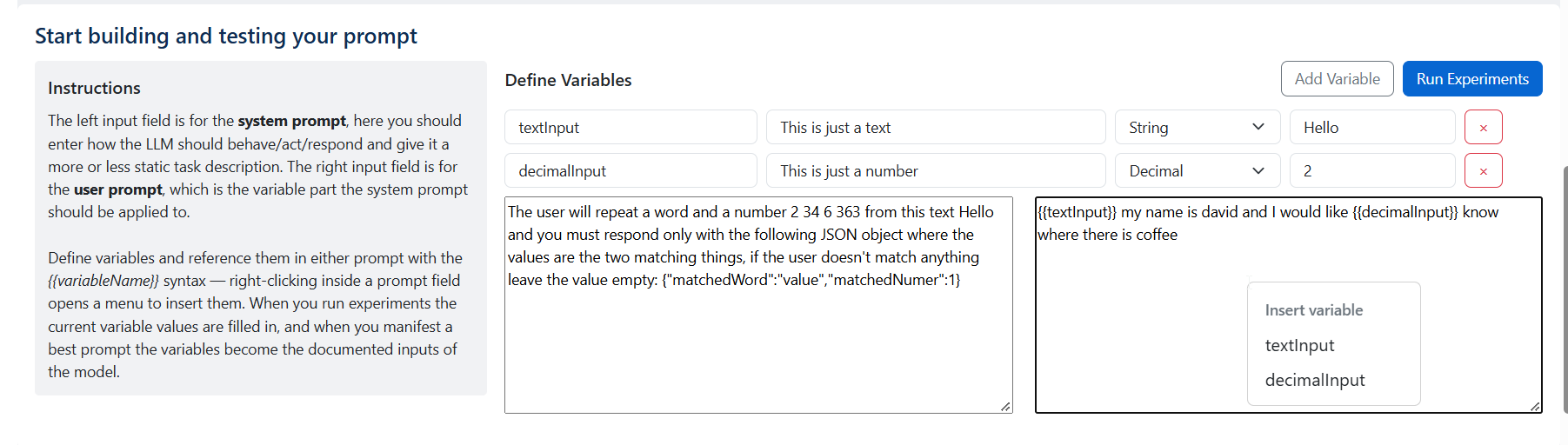 The prompt workbench with variables defined, referenced with the double-brace syntax, and the right-click Insert variable menu open