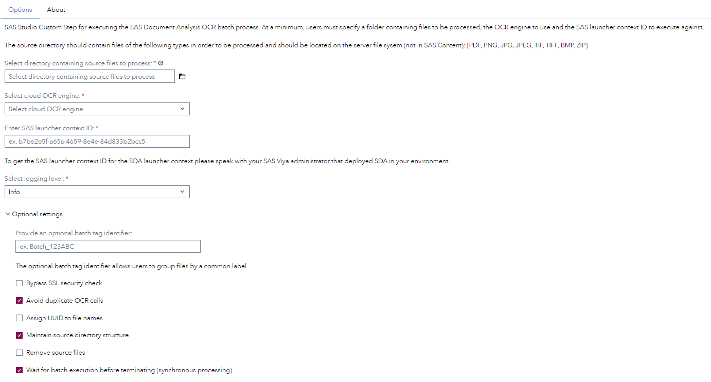 SDA execute OCR batch process options page